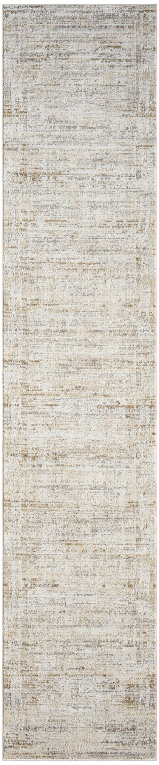 Beige distressed area rug runner with ivory and tan brushstroke pattern, vintage abstract look.