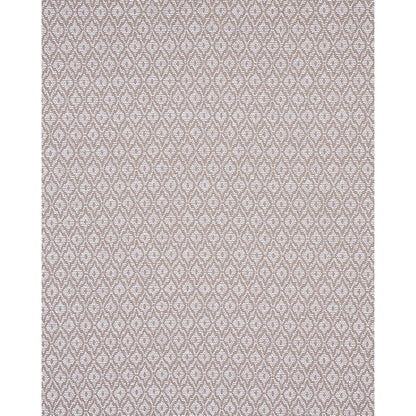 Taupe woven upholstery fabric with a white geometric lattice/trellis pattern.