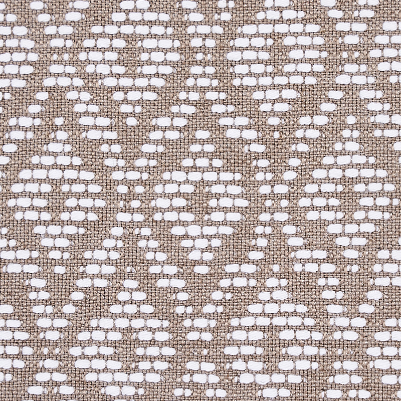 Taupe textured woven upholstery fabric with a red hook pattern.