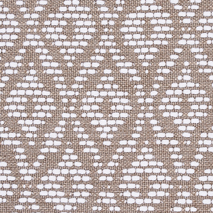 Taupe textured woven upholstery fabric with a red hook pattern.