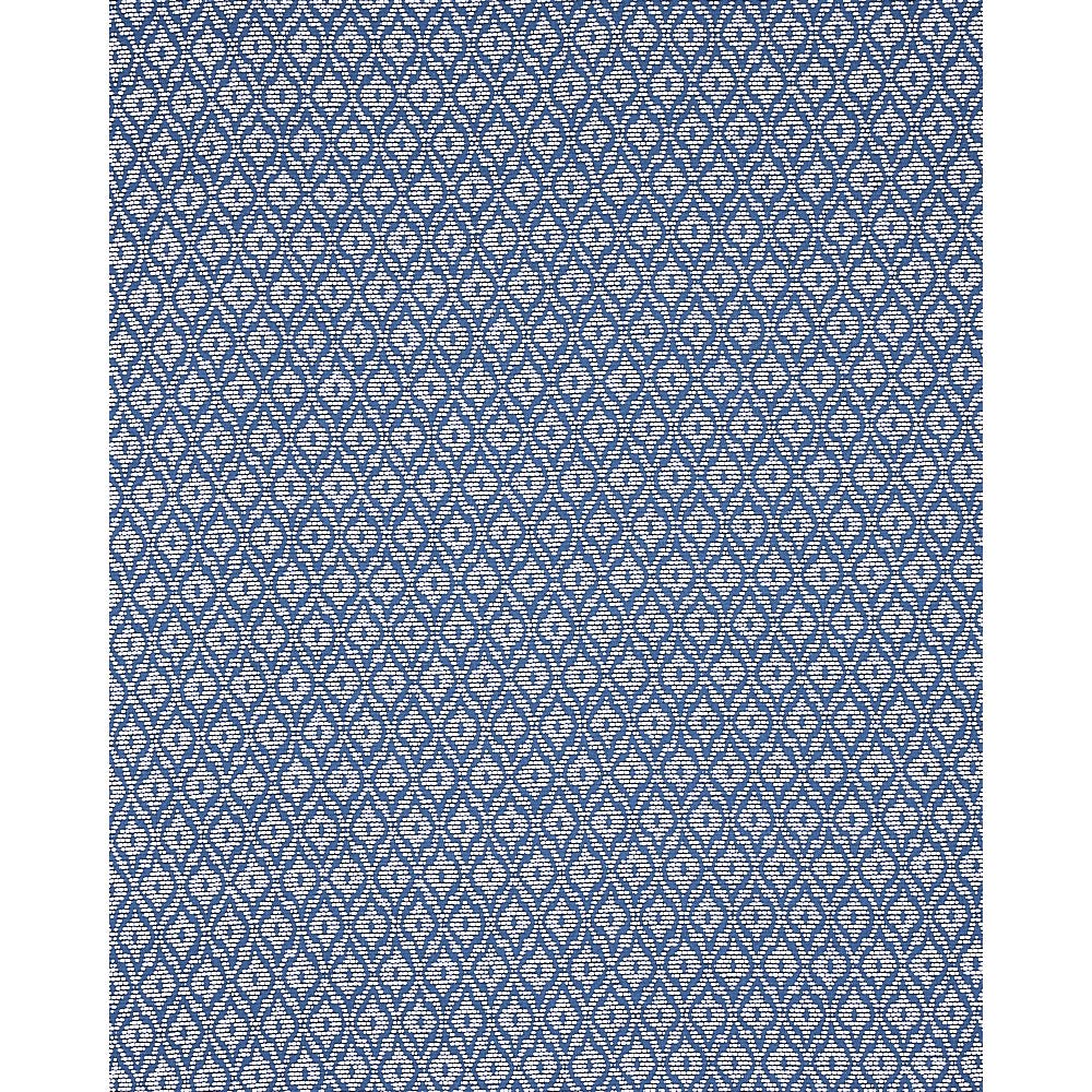 Blue and white woven upholstery fabric with an interlocking diamond lattice pattern in a repeating geometric motif.