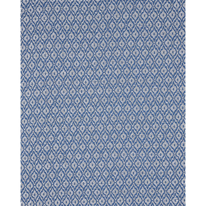 Blue and white woven upholstery fabric with an interlocking diamond lattice pattern in a repeating geometric motif.