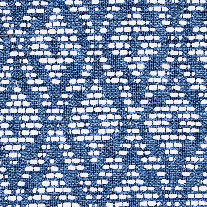 Blue textured woven fabric with white geometric lattice motifs.