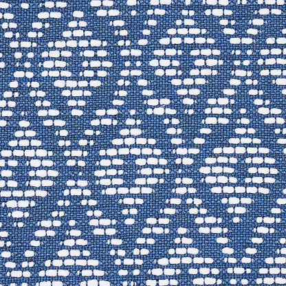 Blue textured woven fabric with white geometric lattice motifs.