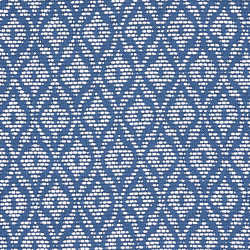 Navy blue woven fabric with white diamond lattice pattern; geometric textile suitable for upholstery or drapery.