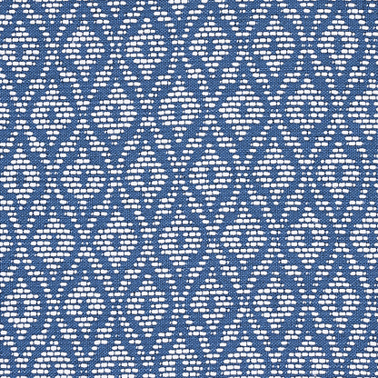 Navy blue woven fabric with white diamond lattice pattern; geometric textile suitable for upholstery or drapery.