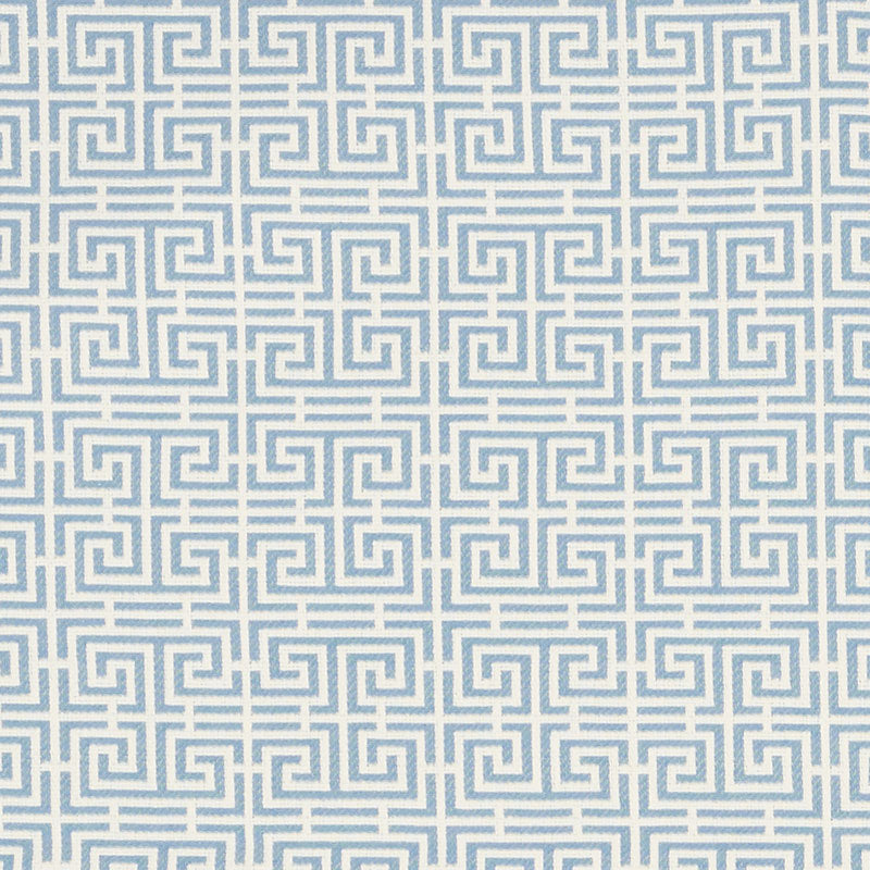 Blue and white Greek key geometric pattern with a repeating square spiral motif.