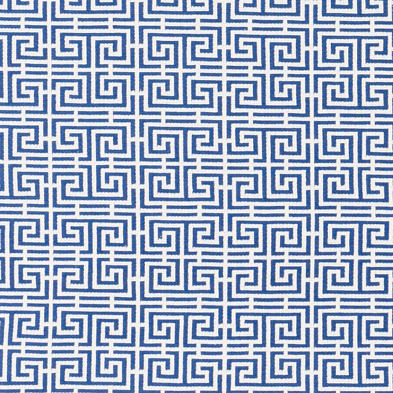Blue and white Chinois fret pattern fabric; geometric textile for upholstery or home decor