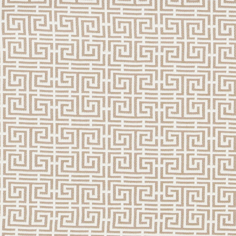 Beige fabric with white Greek-key geometric pattern, seamless decorative textile for upholstery or wallpaper