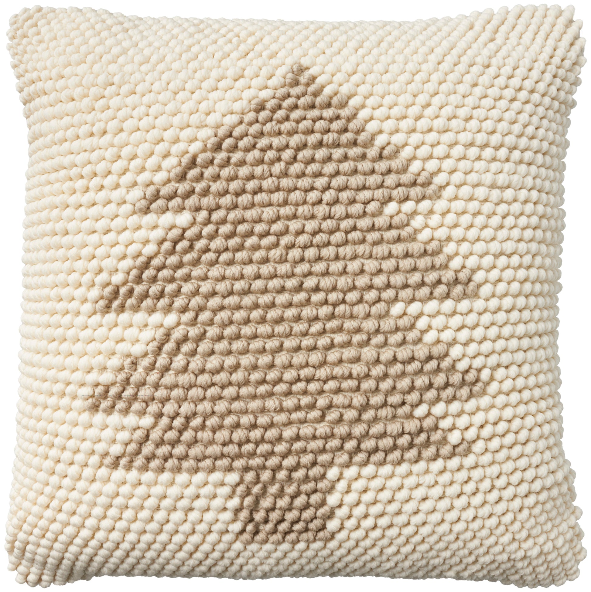 Cream textured boucle square pillow with a brown tree silhouette; cozy boho decor cushion.