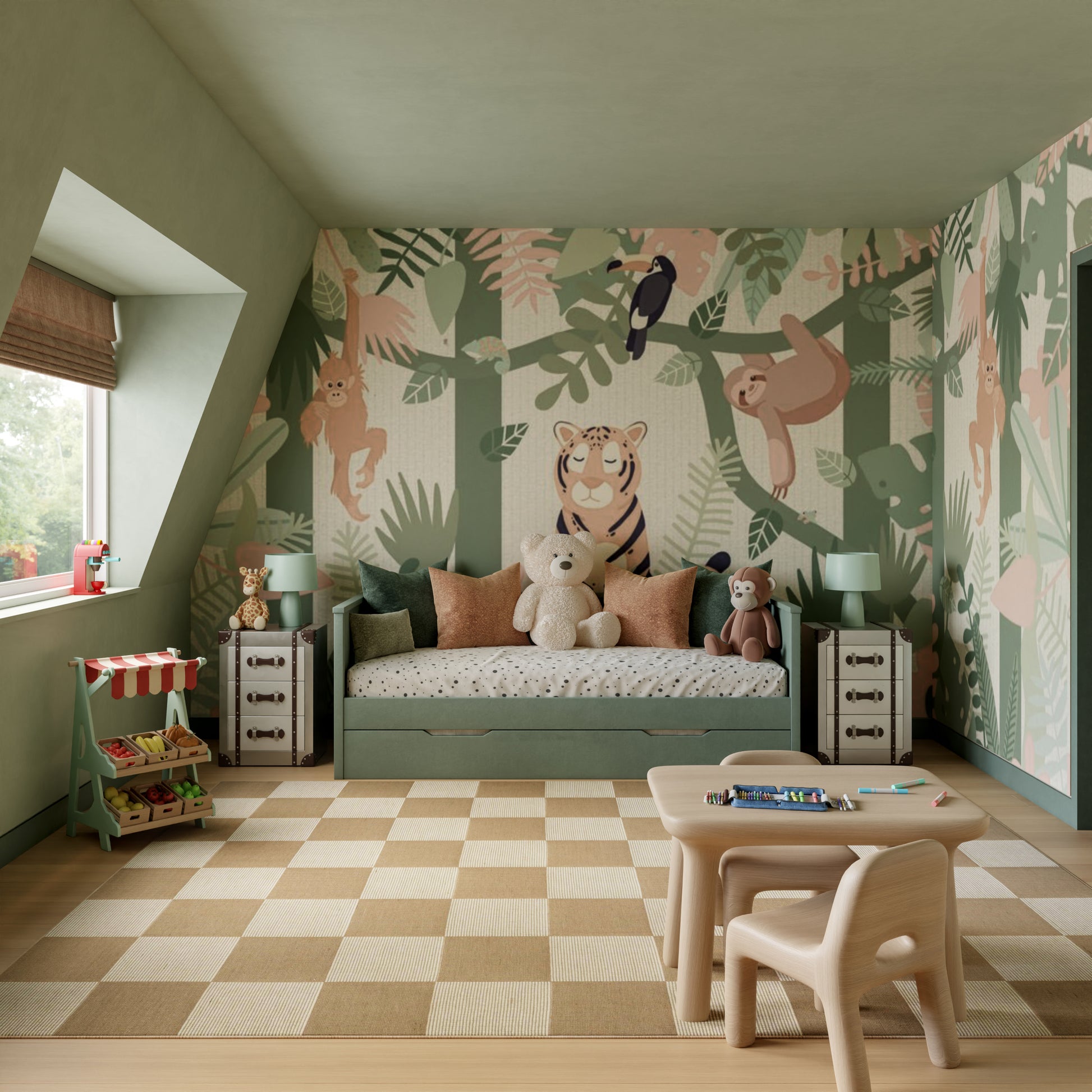 Jungle-themed kids' room with green daybed and built-in storage, animal mural wallpaper, checkered rug, and wooden table with chairs.
