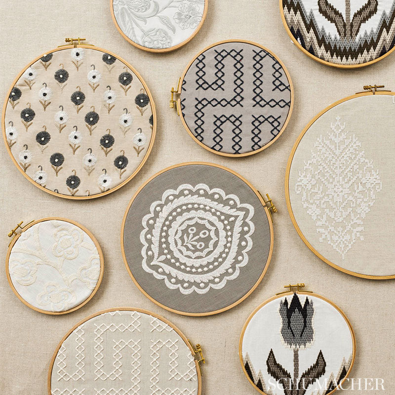 Set of round wooden embroidery hoops on neutral linen fabrics with floral, lace and geometric patterns for wall decor