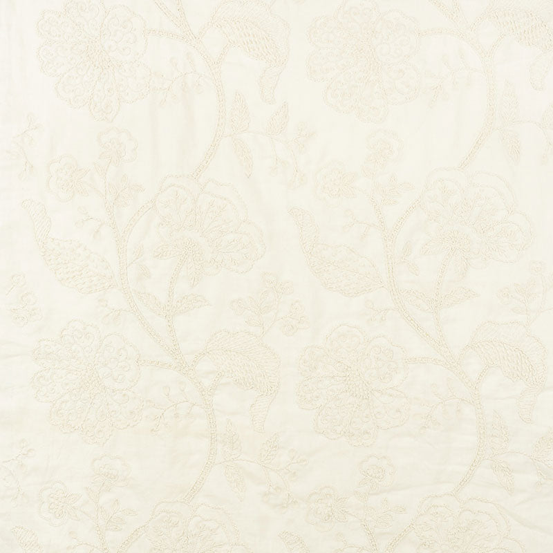 Cream lace fabric with delicate floral vine pattern, sheer and elegant for drapes or table linens.