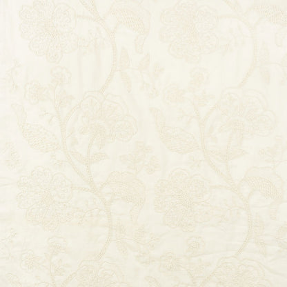 Cream lace fabric with delicate floral vine pattern, sheer and elegant for drapes or table linens.
