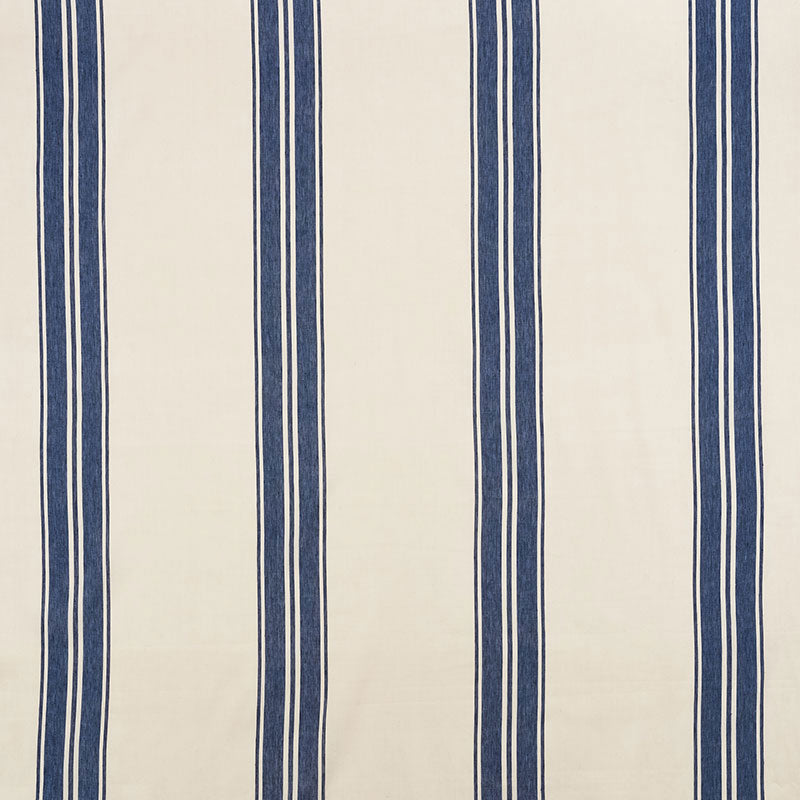 Cream fabric with vertical navy and light blue stripes; classic striped textile.