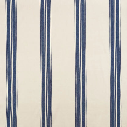 Cream fabric with vertical navy and light blue stripes; classic striped textile.