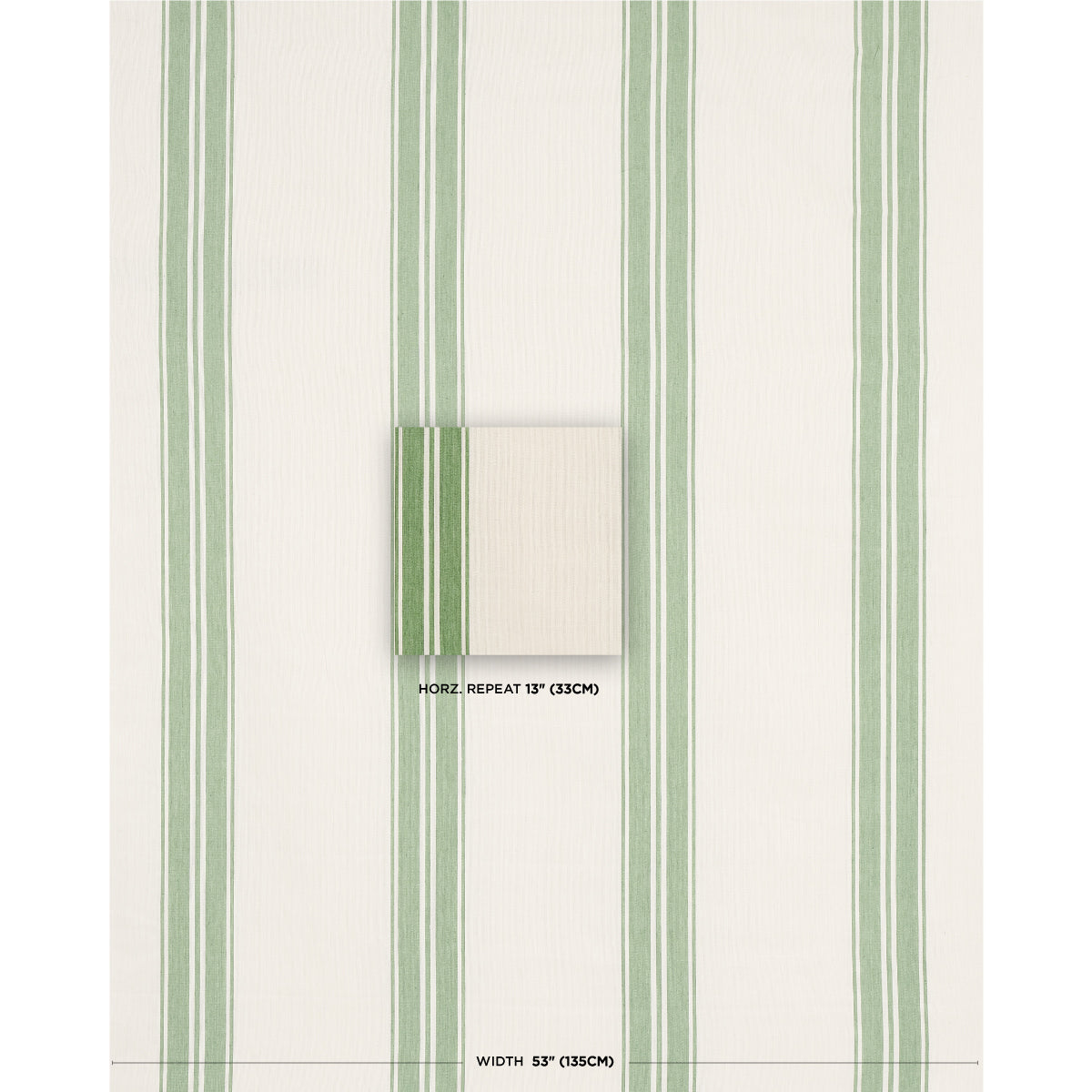 Beige wallpaper with pale green vertical stripes; center swatch shows stripe pattern, horizontal repeat 13 in, width 53 in.