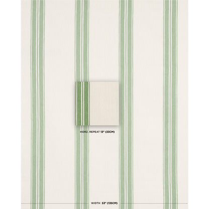 Beige wallpaper with pale green vertical stripes; center swatch shows stripe pattern, horizontal repeat 13 in, width 53 in.