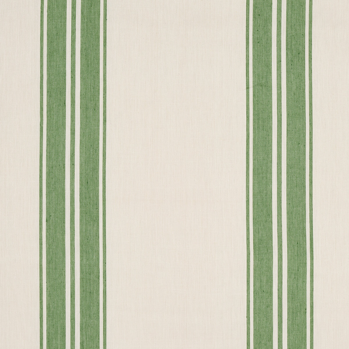 Cream wallpaper with vertical green stripes on beige background; vintage wallcovering pattern.