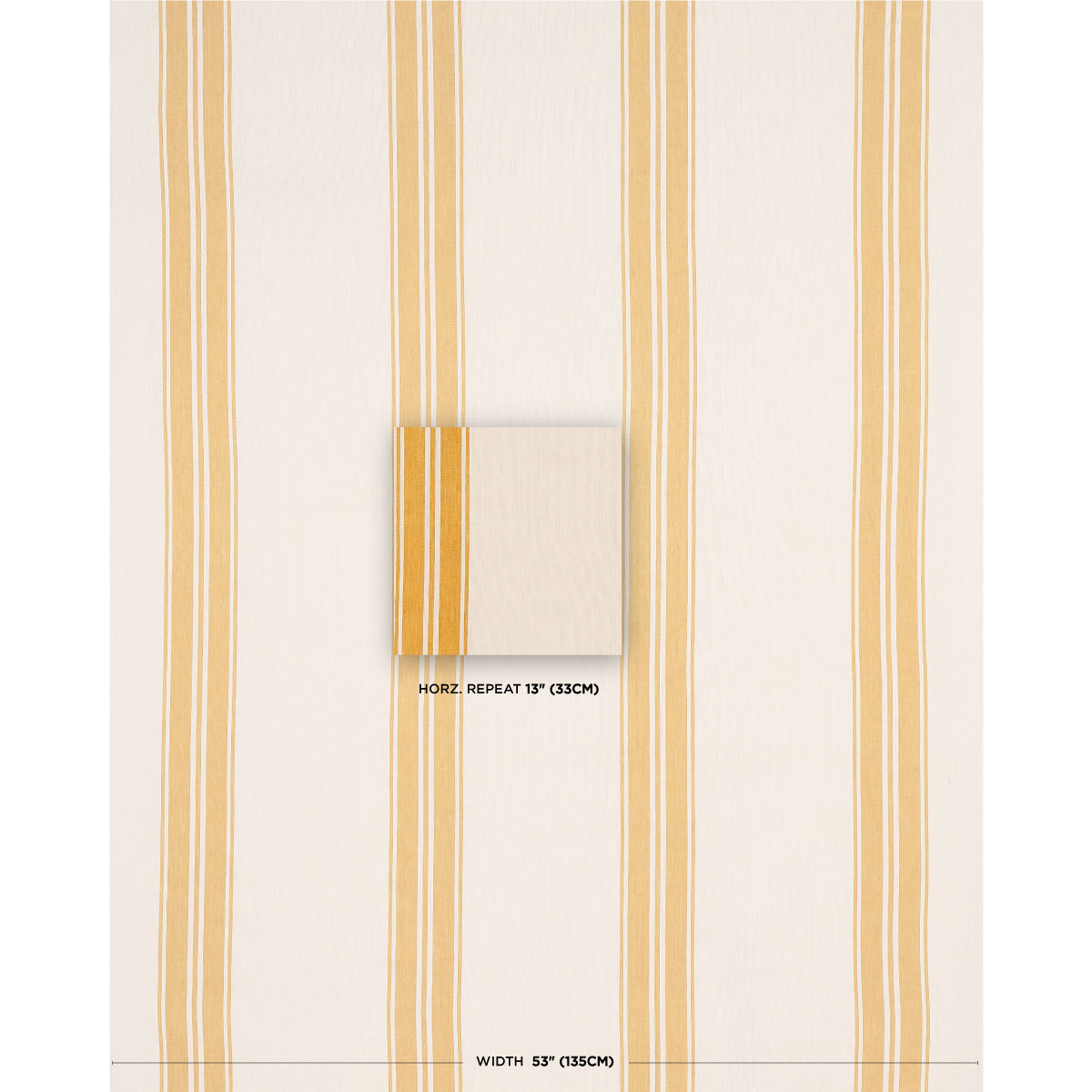 Beige cream wallpaper with vertical golden-yellow stripes; attached swatch shows same pattern.