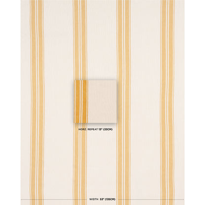 Beige cream wallpaper with vertical golden-yellow stripes; attached swatch shows same pattern.