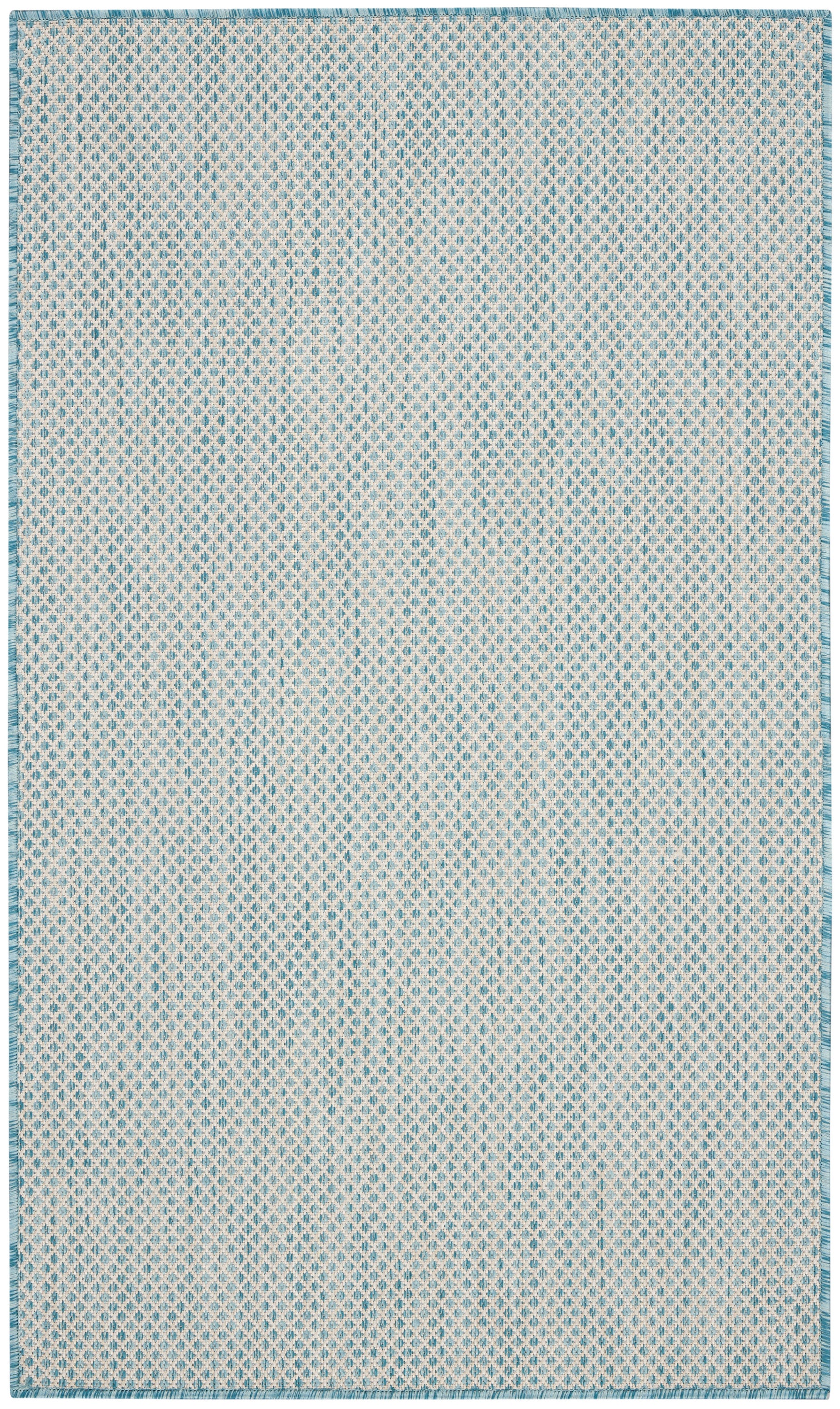 Light blue and white woven area rug with tiny diamond pattern and teal border.
