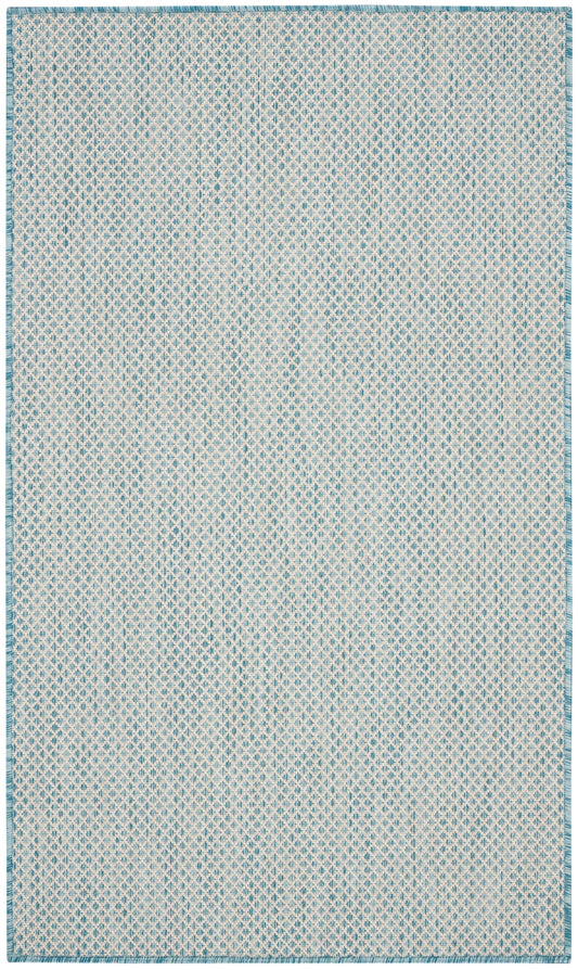 Light blue and white woven area rug with tiny diamond pattern and teal border.