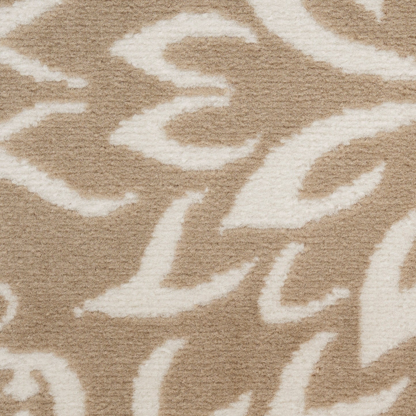 Beige area rug with white damask scroll pattern; plush textured pile.