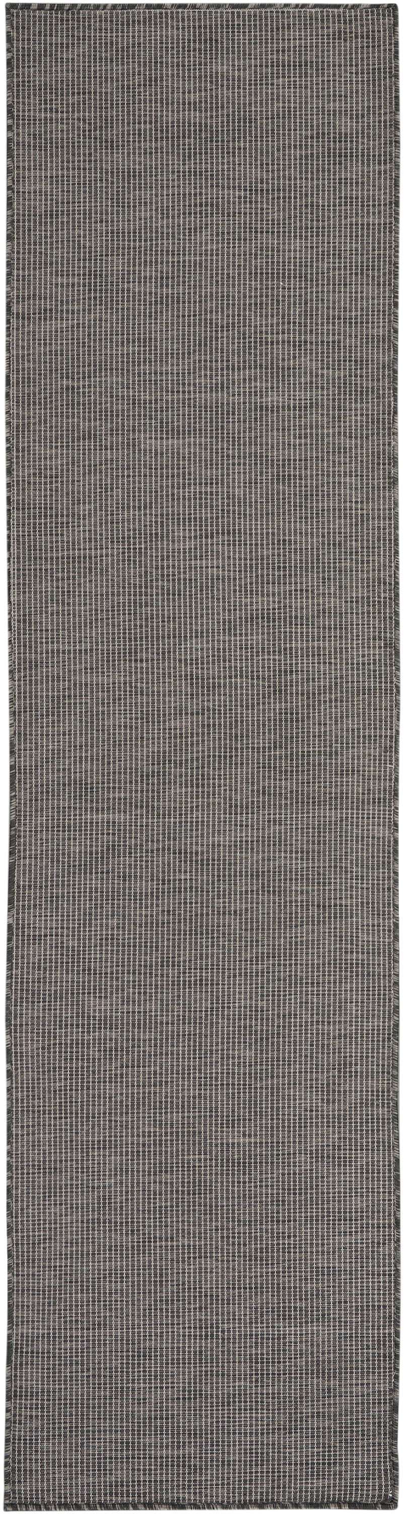 Dark charcoal woven rug runner with a fine beige grid pattern; slim rectangular, modern textured hallway rug.