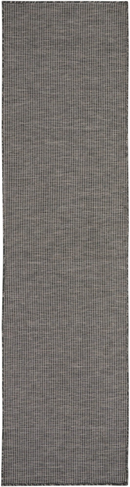 Dark charcoal woven rug runner with a fine beige grid pattern; slim rectangular, modern textured hallway rug.