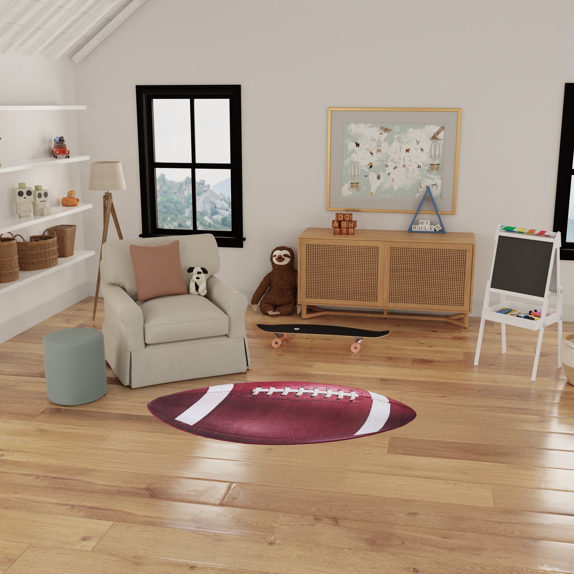 Cozy kids’ playroom with football-shaped rug, beige armchair, plush panda, skateboard, wicker baskets, map art, white easel.