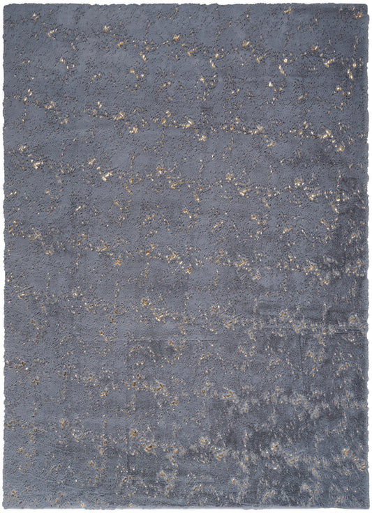 Blue-gray textured area rug with speckled gold flecks; low-pile, contemporary rectangular rug for living room.