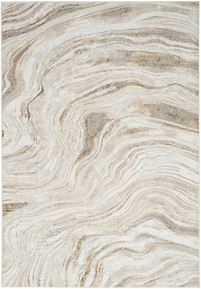 Rectangular area rug in ivory cream with taupe marble-like swirls; soft neutral tones for modern living spaces.