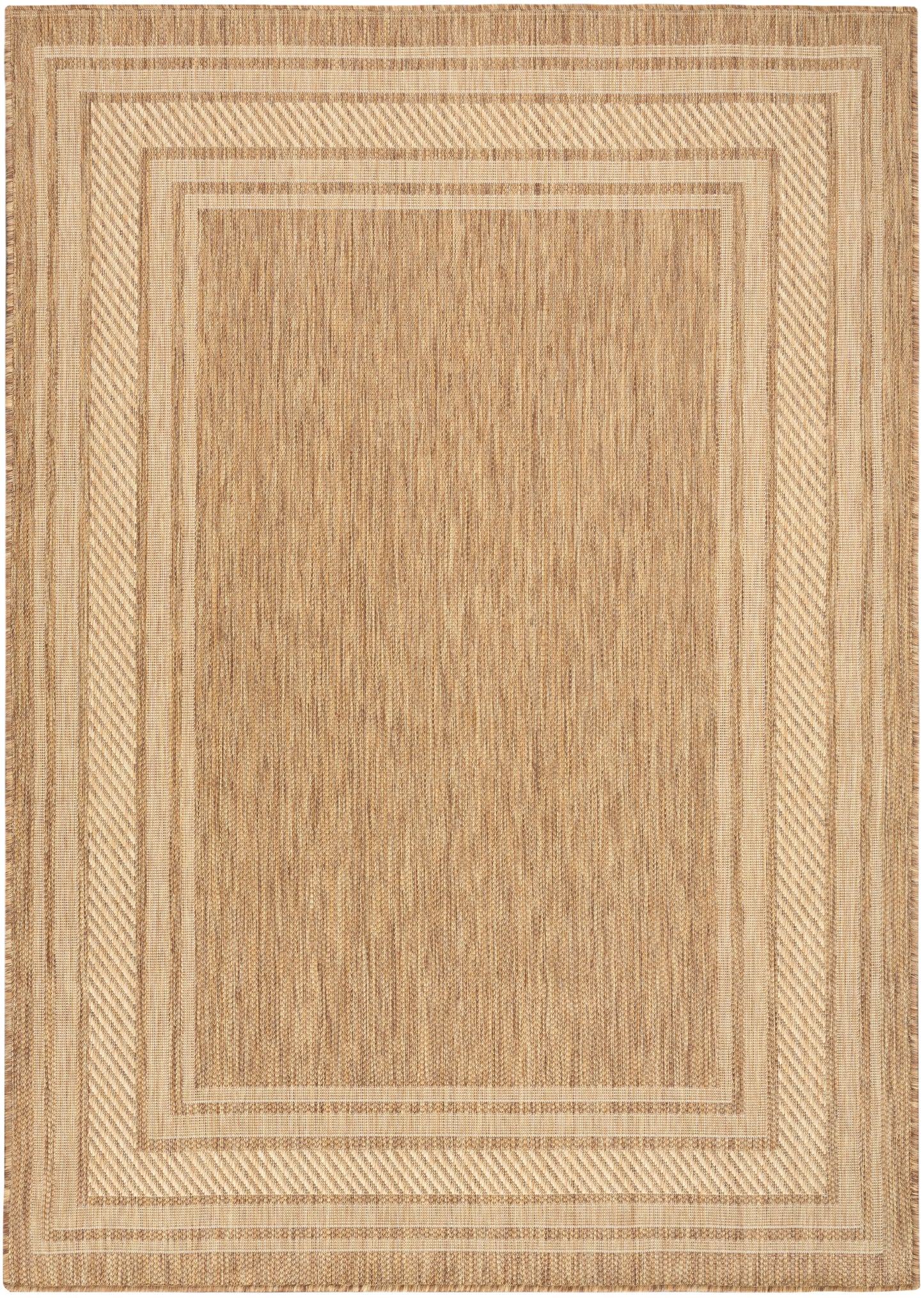 Natural beige jute rug with geometric layered borders and textured center, rectangular and versatile.