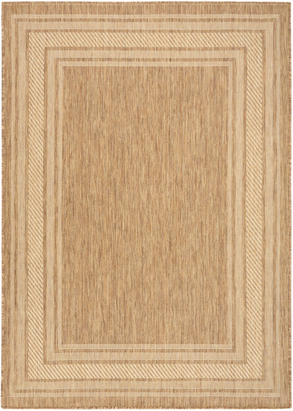 Natural beige jute rug with geometric layered borders and textured center, rectangular and versatile.