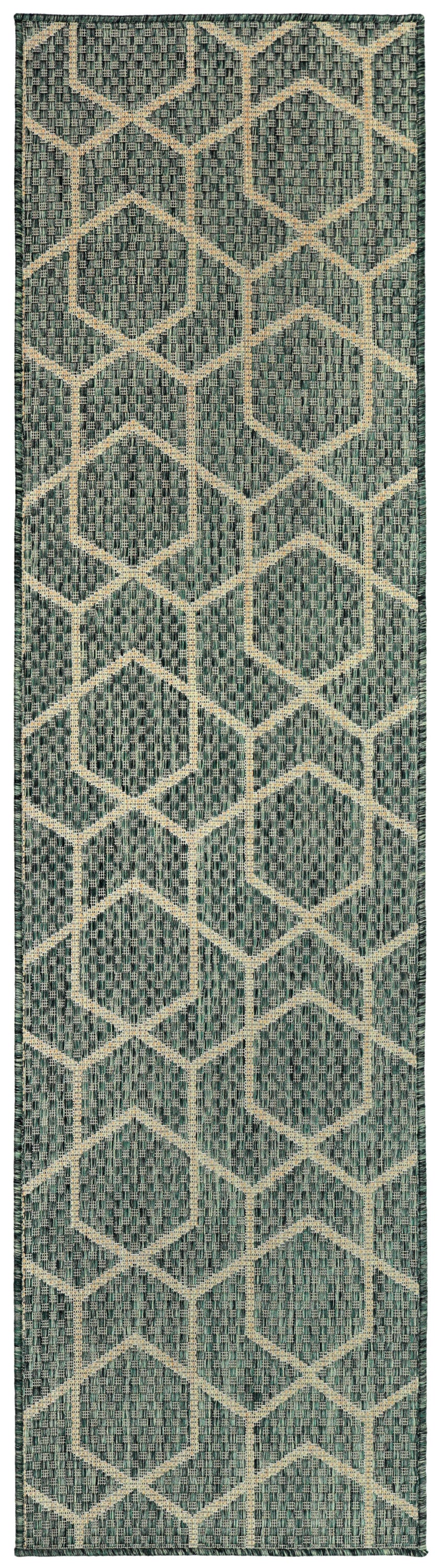 Teal rug with cream geometric honeycomb hexagon pattern; flatwoven runner rug.