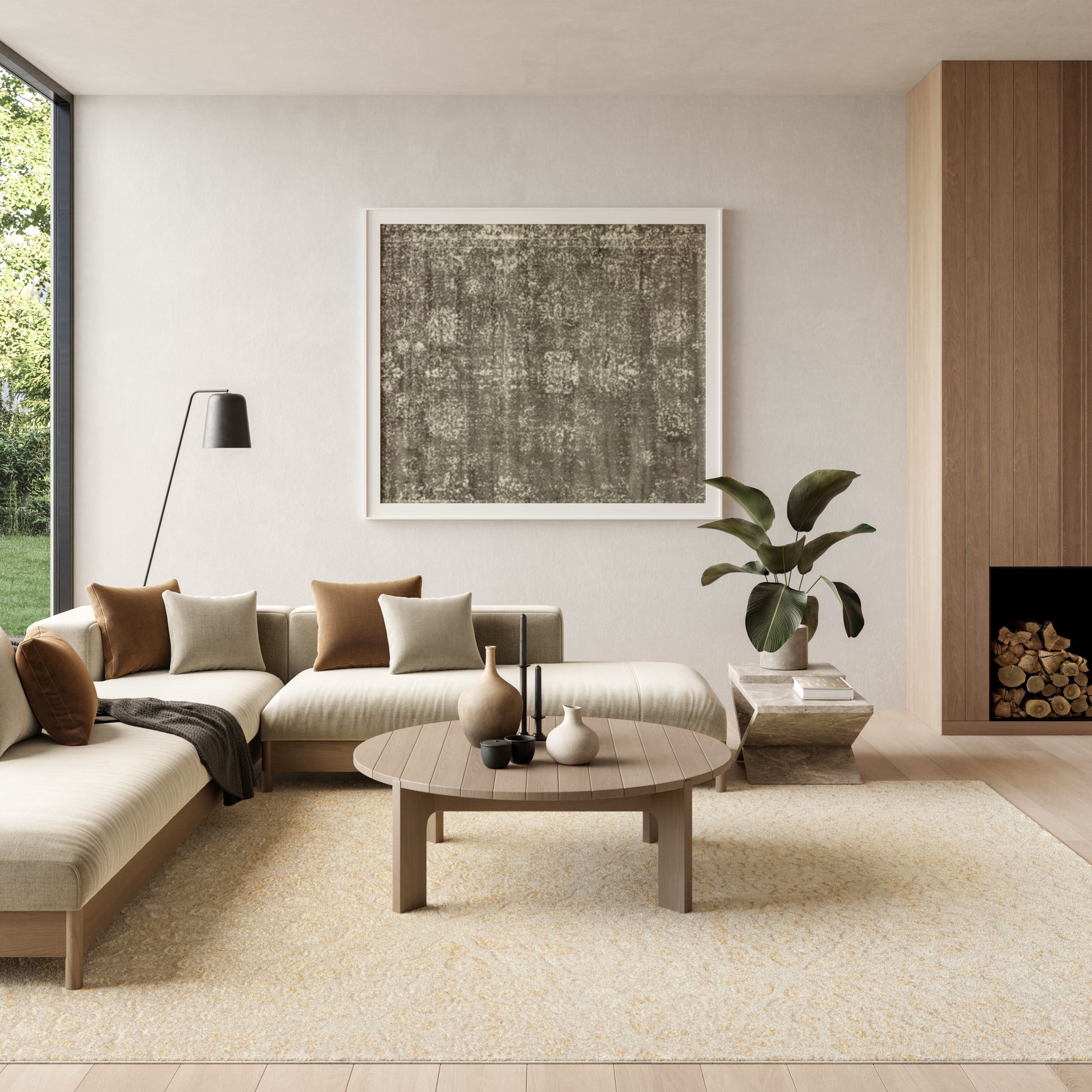 Modern 8' x 10' rug in a neutral-toned, minimalist living room setting.