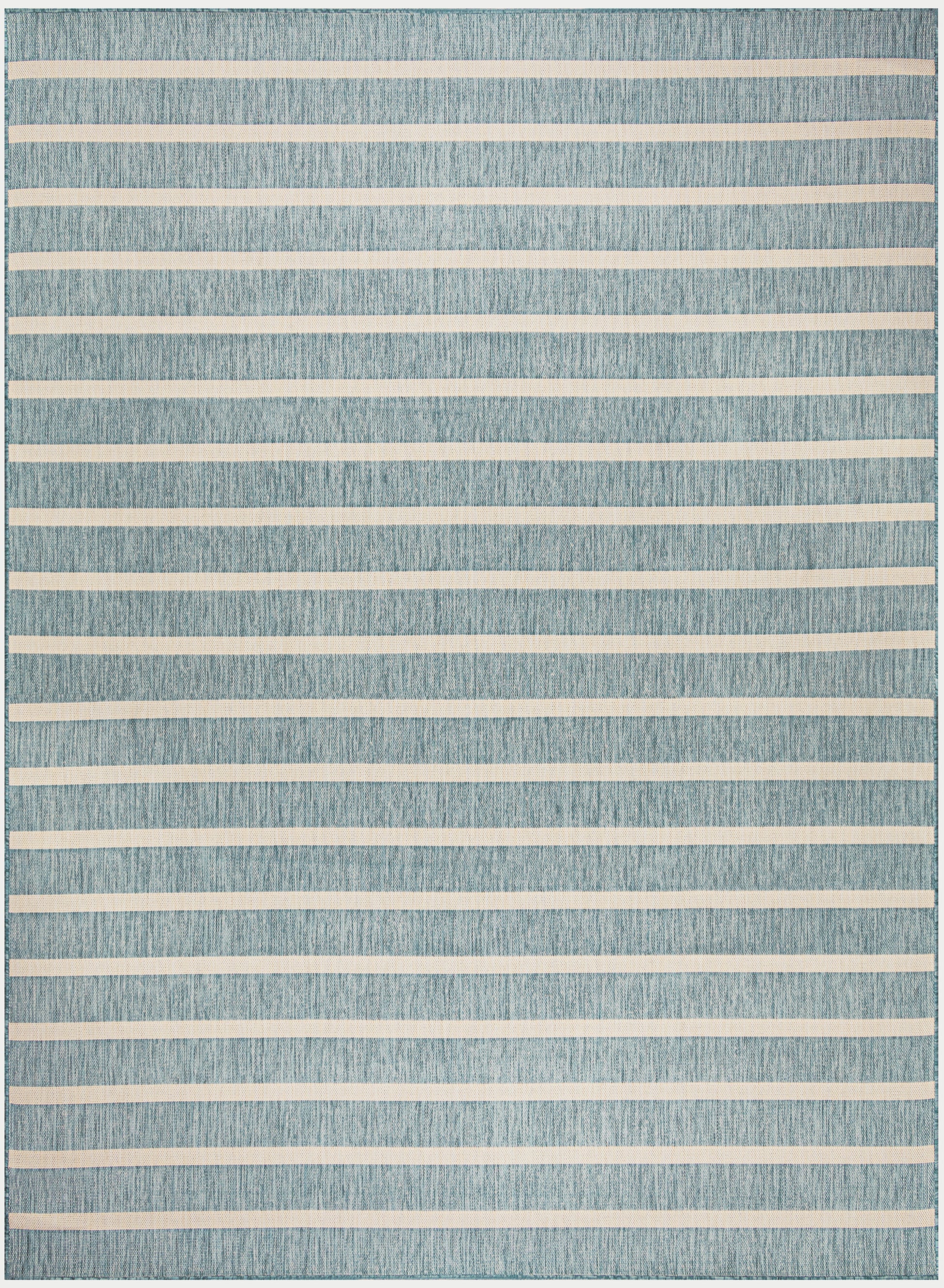 Blue textured area rug with cream horizontal stripes, rectangular and modern coastal style.