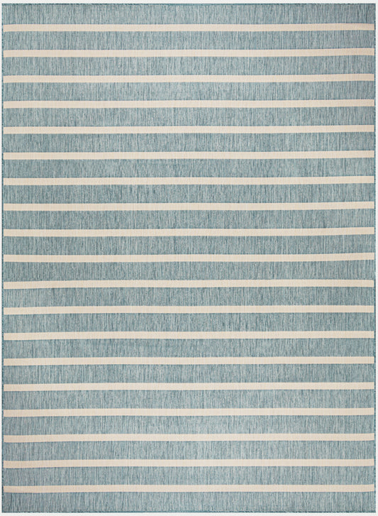 Blue textured area rug with cream horizontal stripes, rectangular and modern coastal style.