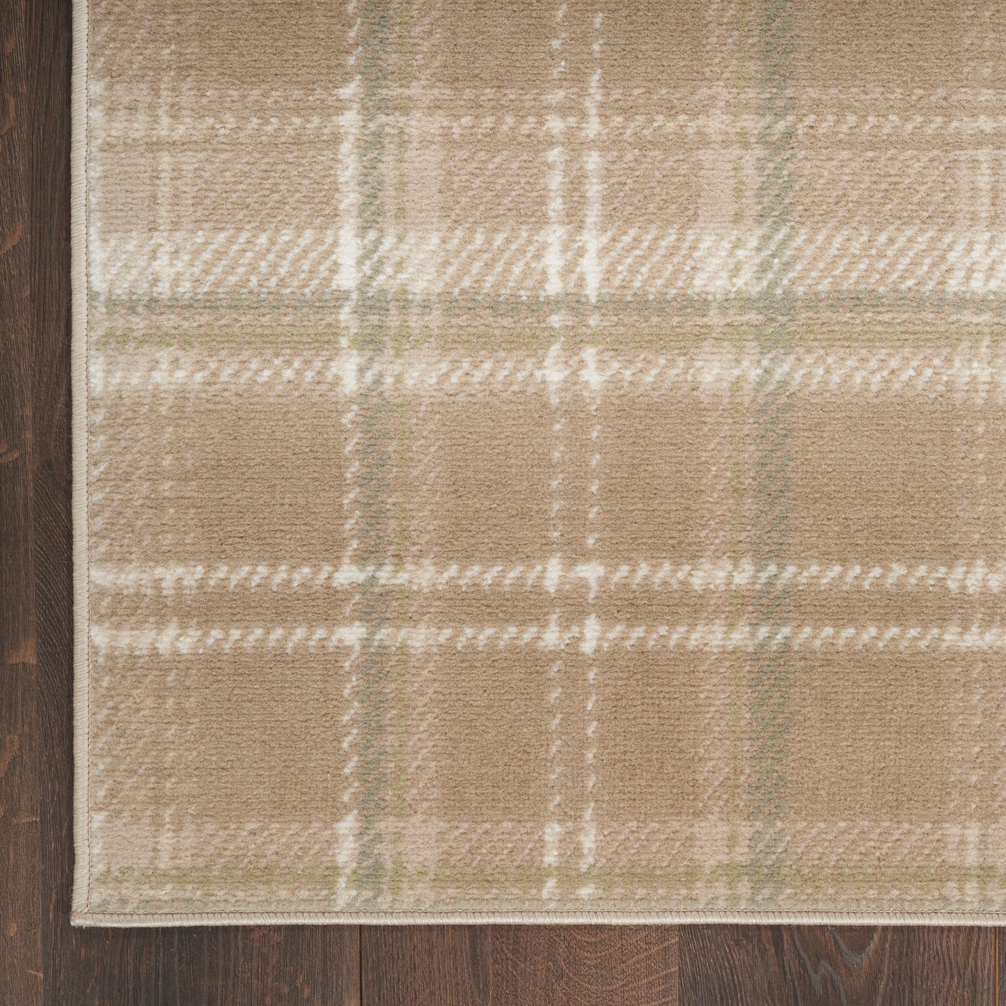 Beige plaid area rug with white & pale green lines; soft textured wool-like weave.