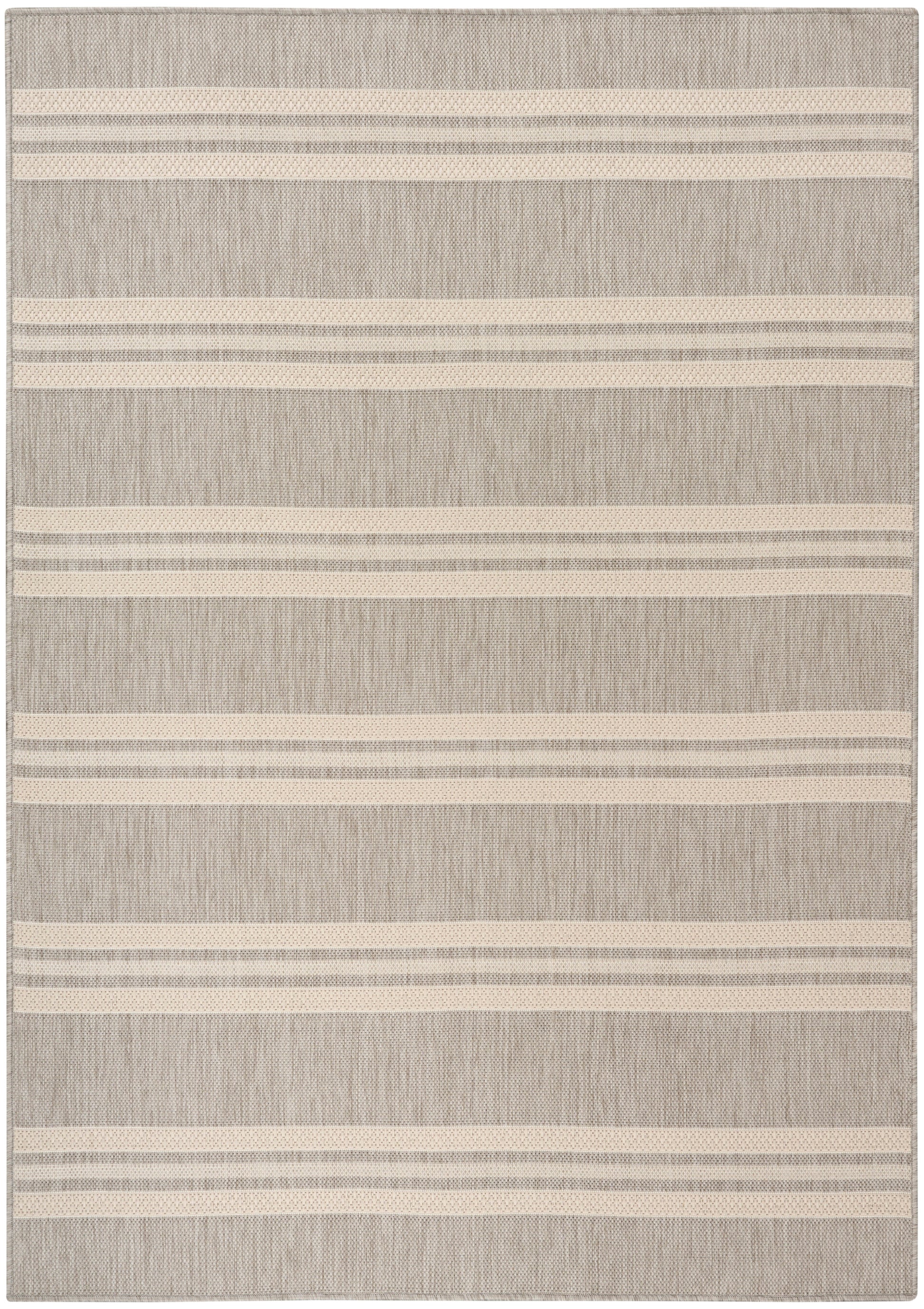 Rectangular beige woven rug with cream and light taupe stripes, textured fabric, casual coastal/modern style.