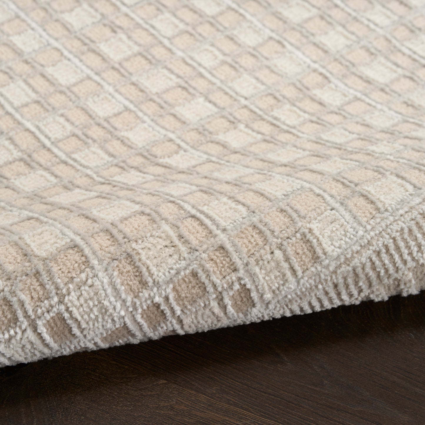 Beige geometric patterned area rug with cream and tan squares, thick tufted pile, bound edge on dark wood floor.