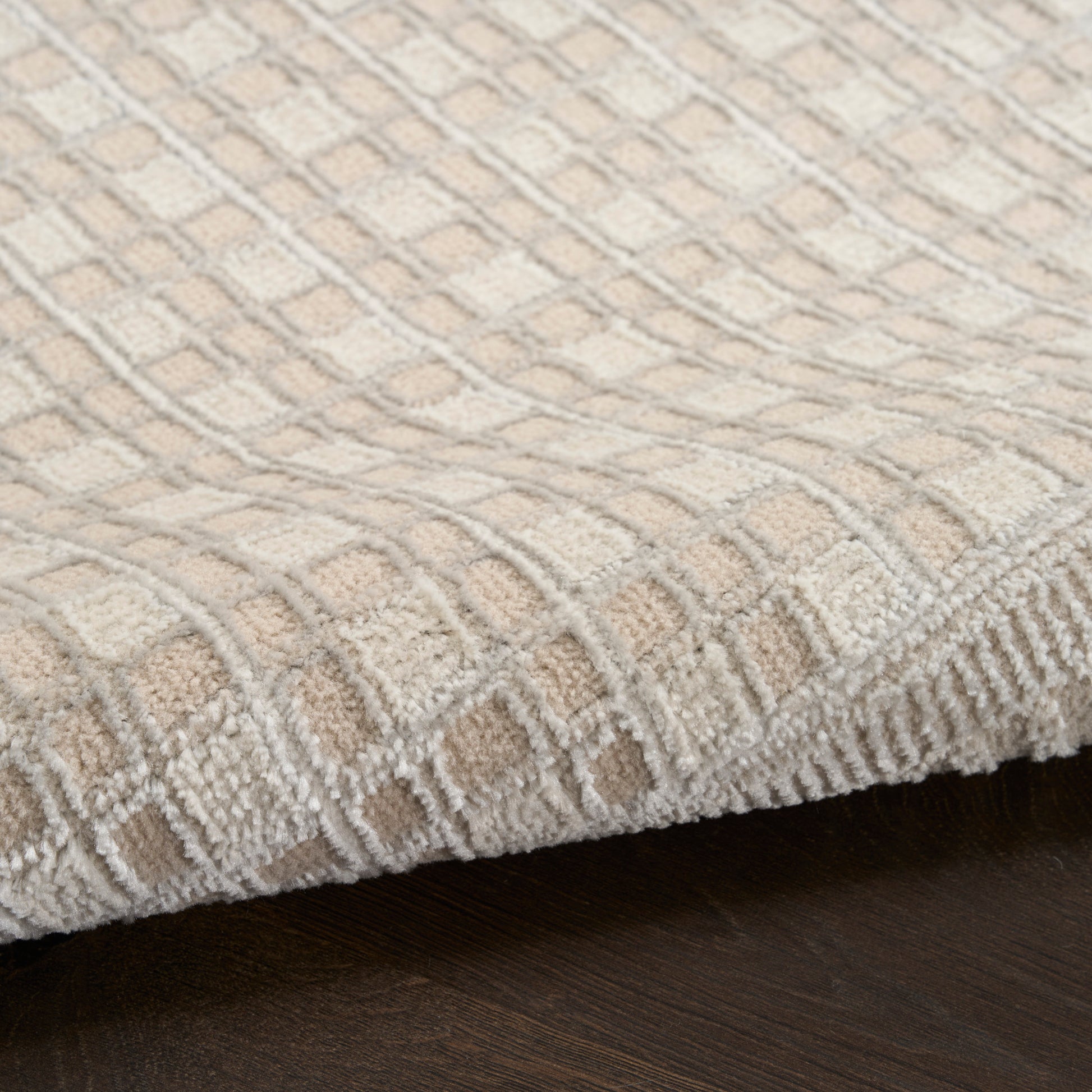 Beige geometric patterned area rug with cream and tan squares, thick tufted pile, bound edge on dark wood floor.