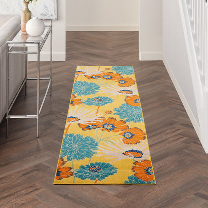 Long floral rug runner with teal blue and orange flowers on a warm yellow background in a modern hallway.
