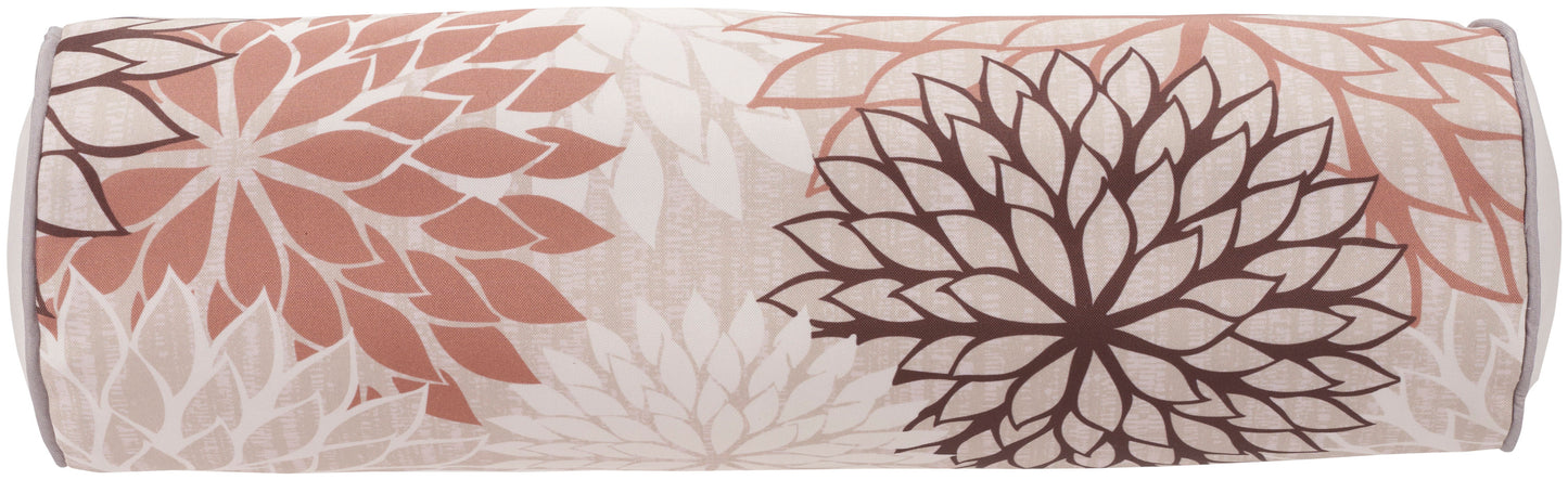 Soft fabric cylindrical bolster pillow, 6" x 20", with a large pink, peach and brown floral pattern.