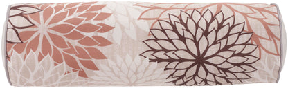 Soft fabric cylindrical bolster pillow, 6" x 20", with a large pink, peach and brown floral pattern.