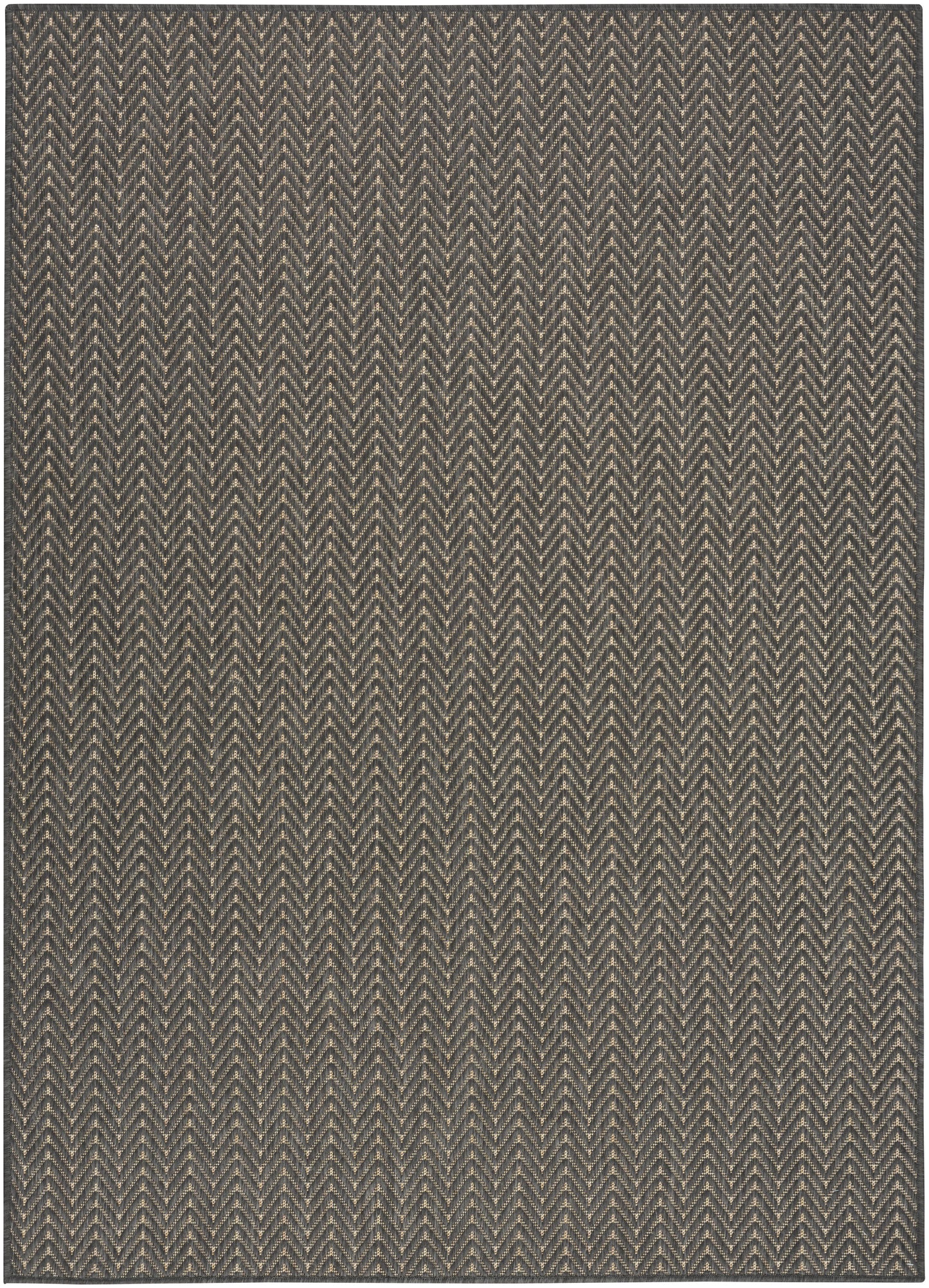 Dark navy and beige chevron-patterned woven rug with subtle herringbone texture.