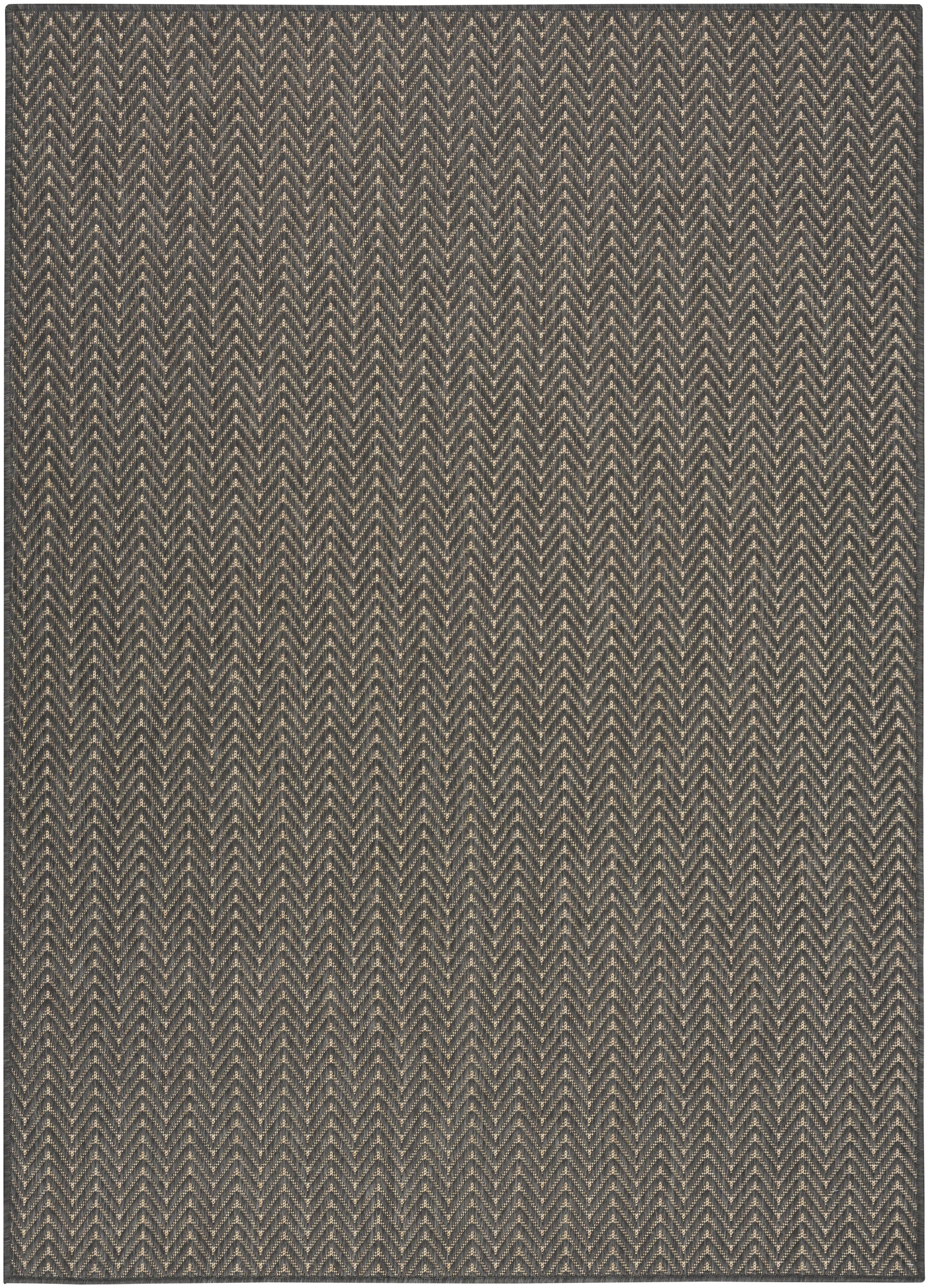 Dark navy and beige chevron-patterned woven rug with subtle herringbone texture.