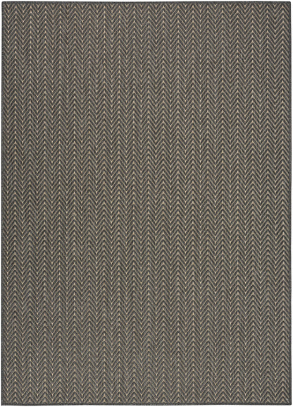 Dark navy and beige chevron-patterned woven rug with subtle herringbone texture.