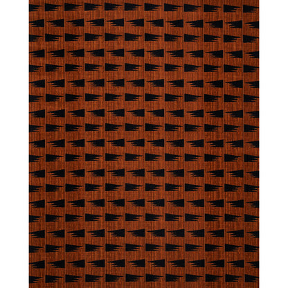 Brown-orange woven fabric with a repeating black triangle/tree motif; geometric retro pattern for upholstery or garments.